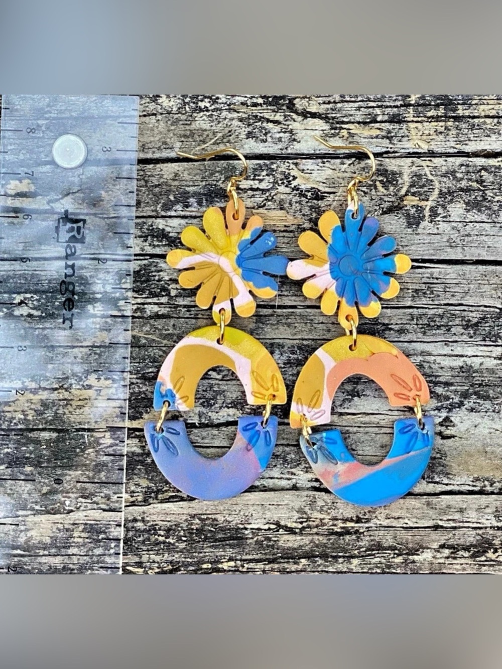 Handcrafted Floral Drop Earrings Blue & Yellow